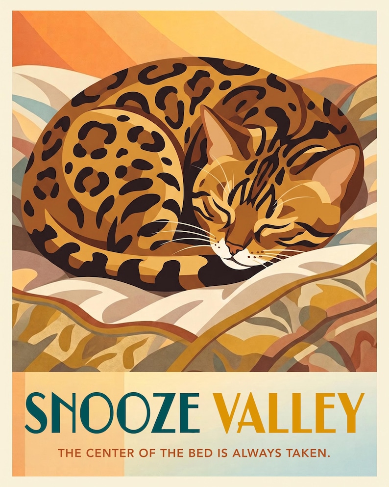 Custom Cat Portrait from Photo, Cat Asleep in the Middle of the Bed Illustration, Travel Poster Digital Download, Printable Wall Art zdjęcie 2