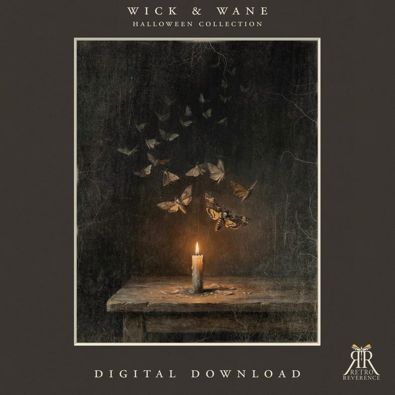 May include: A digital download titled WICK & WANE HALLOWEEN COLLECTION featuring a dark, textured background with a lit candle on a wooden table. A swarm of moths flies upward from the flame. The bottom right corner displays the RETRO REVERENCE logo.