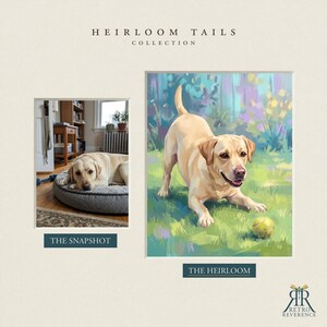 Puede incluir: Una presentaci&oacute;n de Heirloom Tails Collection con una fotograf&iacute;a titulada The Snapshot de un Labrador amarillo en una cama gris y una pintura titulada The Heirloom de un Labrador amarillo jugando con una pelota en un jard&iacute;n.