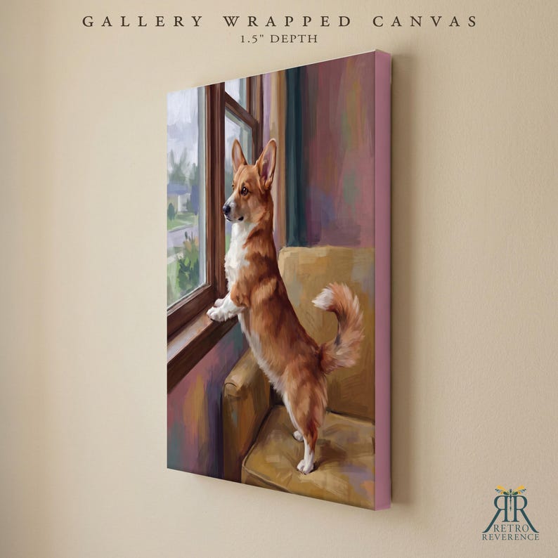 May include: A gallery wrapped canvas with a 1.5 inch depth featuring a painting of a brown and white Corgi standing on a yellow armchair, looking out a window. The artwork displays a soft, painterly style with visible brushstrokes and warm tones.