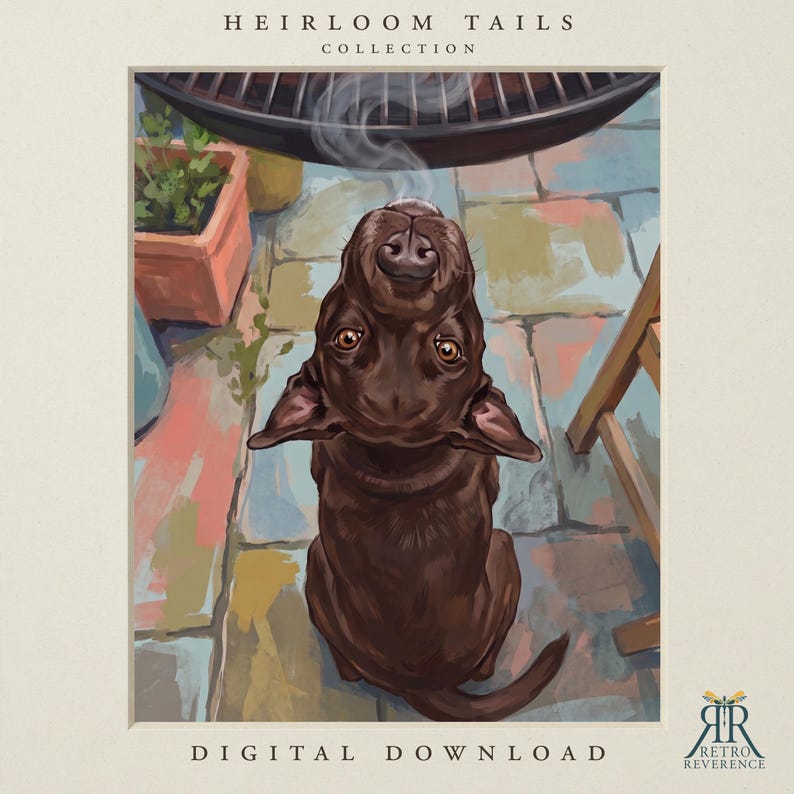 May include: A digital illustration from the Heirloom Tails Collection featuring a brown dog looking upward toward a grill with rising smoke. The scene includes a terracotta planter and stone patio tiles, with the text Digital Download at the bottom.