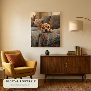 Custom dog portrait of a dog with sad eyes resting on a sofa arm, hung on a wall in a living room, shown as a digital file you print yourself