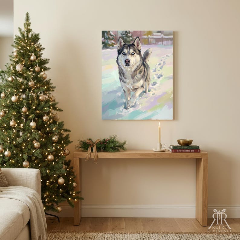 May include: A rectangular wall art print featuring a painting of a grey and white husky dog walking through a snowy landscape. The dog has blue eyes and is depicted with visible brushstrokes in a soft, painterly style on a white background.