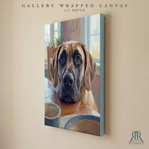 May include: A gallery wrapped canvas with a 3.8 cm depth featuring a painting of a brown dog with a black muzzle resting its chin on a wooden table next to a ceramic cup. The text GALLERY WRAPPED CANVAS 1.5 DEPTH appears at the top.