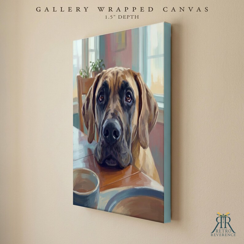 May include: A gallery wrapped canvas with a 3.8 cm depth featuring a painting of a brown dog with a black muzzle resting its chin on a wooden table next to a ceramic cup. The text GALLERY WRAPPED CANVAS 1.5 DEPTH appears at the top.
