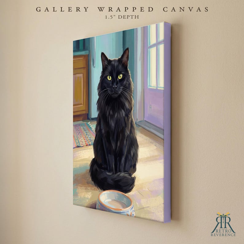 May include: A gallery wrapped canvas with a 1.5 inch depth featuring a painting of a long-haired black cat with yellow eyes sitting on a floor in front of a bowl. The scene includes a kitchen background with a door and a colorful rug.