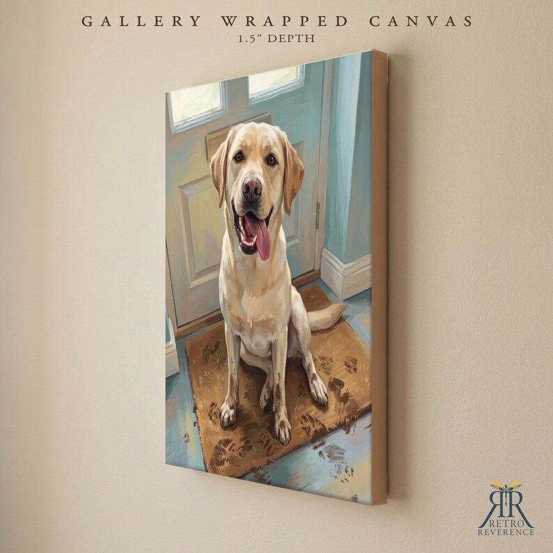 May include: A gallery wrapped canvas with a 1.5 inch depth featuring a painting of a yellow Labrador retriever sitting on a brown mat in front of a light blue door. The dog has its mouth open with its tongue out, and muddy paw prints are visible.