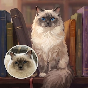 Dark Academia Canvas, Cat and Books Print, Personalized Cat Portrait from Photo, Cat on Bookshelf Wall Art, Library Decor
