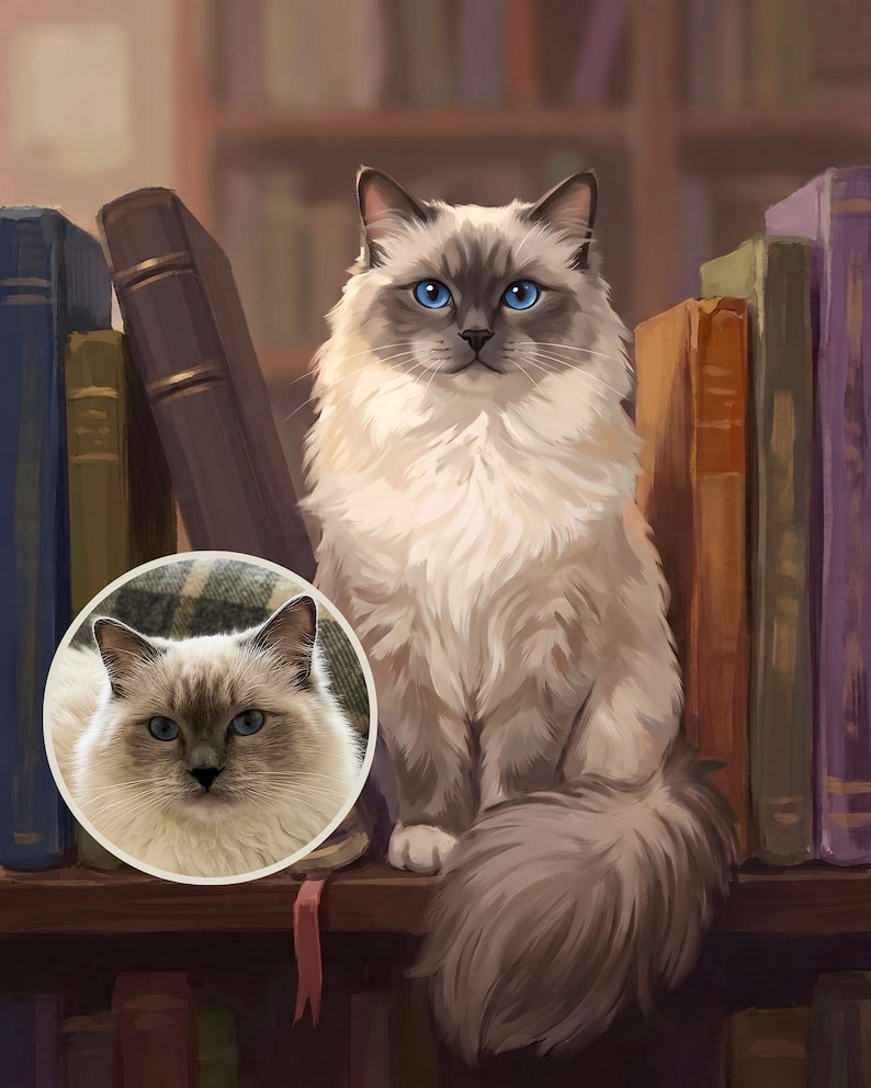 Dark Academia Canvas, Cat and Books Print, Personalized Cat Portrait from Photo, Cat on Bookshelf Wall Art, Library Decor