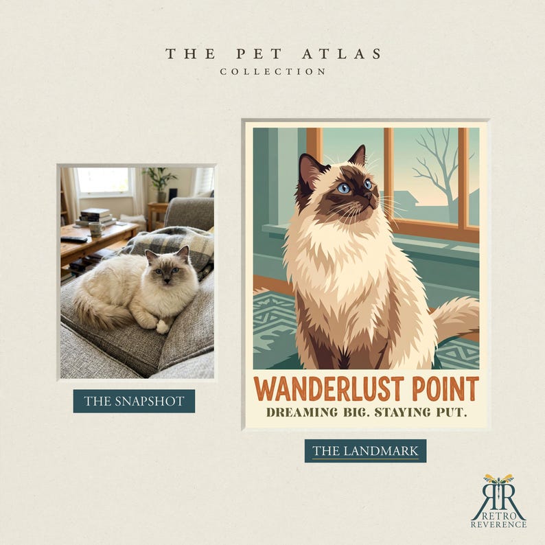 May include: A print titled The Pet Atlas Collection featuring a photograph of a cream and brown cat on a sofa labeled The Snapshot and a stylized illustration of the same cat labeled The Landmark, Wanderlust Point, Dreaming Big, Staying Put.