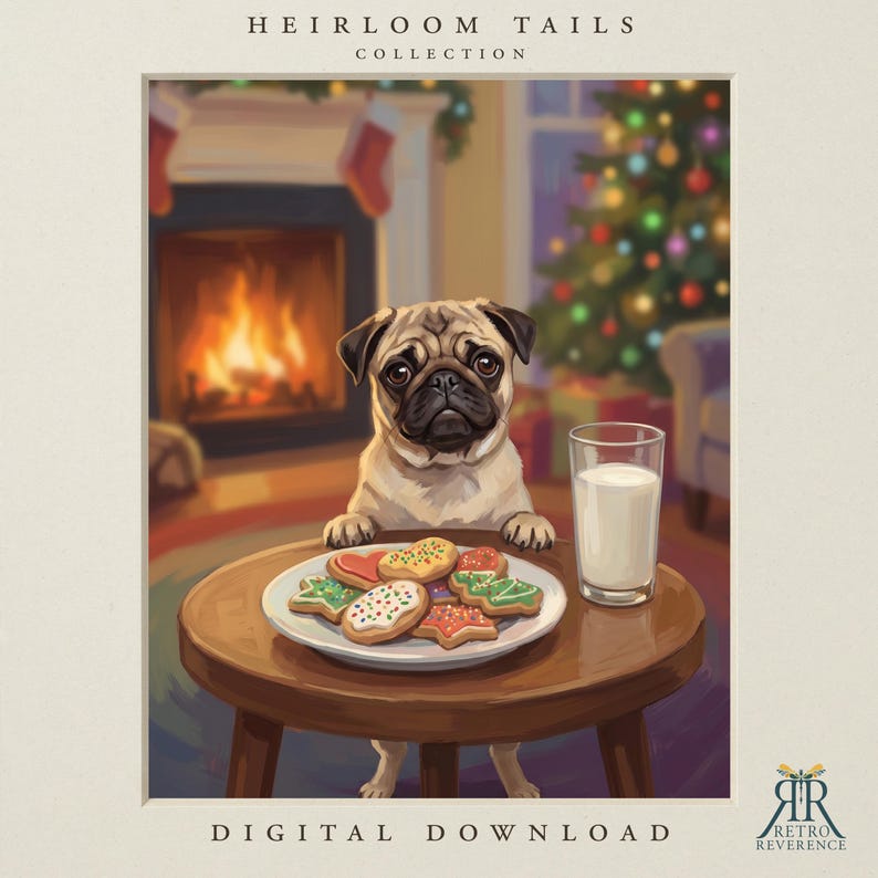 K&ouml;nnte beinhalten: Eine digitale Illustration mit dem Titel HEIRLOOM TAILS COLLECTION, die einen beigen Mops an einem runden Holztisch mit einem Teller verzierter Weihnachtskekse und einem Glas Milch vor einem Kamin und einem beleuchteten Weihnachtsbaum zeigt.