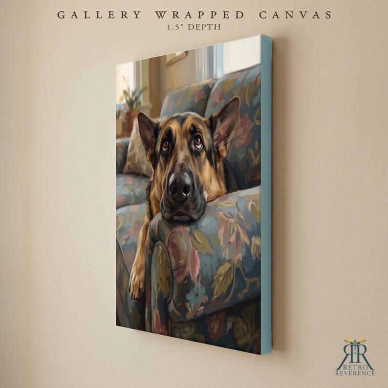 May include: A gallery wrapped canvas with a 1.5 inch depth featuring a painting of a German Shepherd dog resting its head on a floral patterned sofa. The dog has black and tan fur and is looking upward. The text reads GALLERY WRAPPED CANVAS.