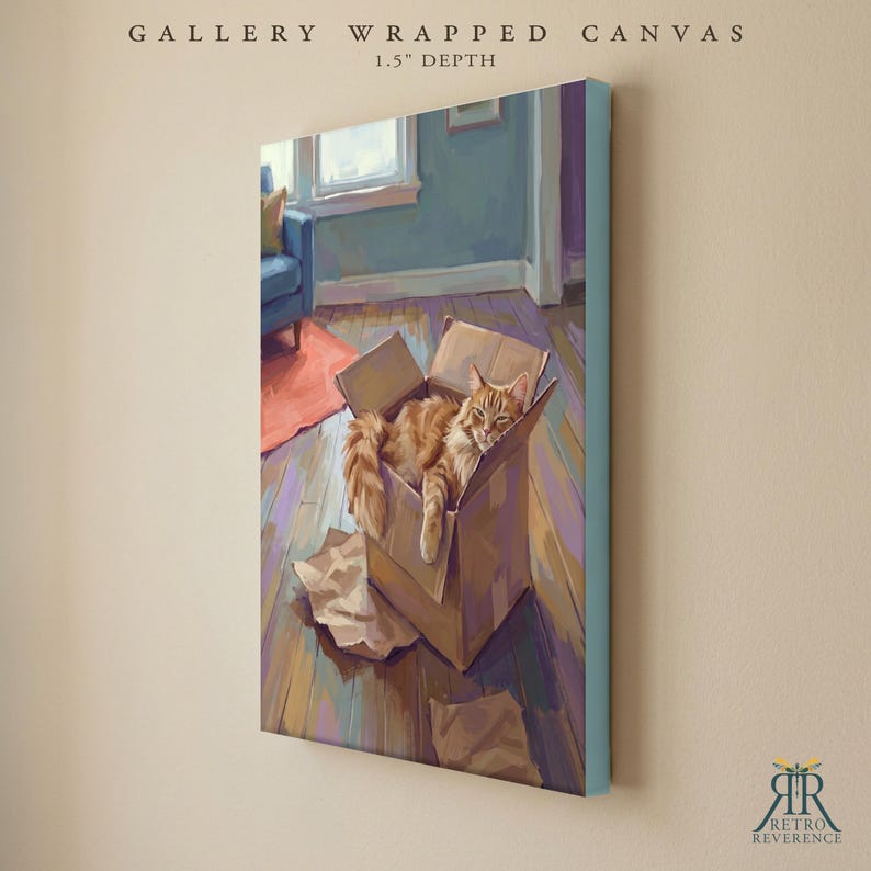 May include: A gallery wrapped canvas with a 1.5 inch depth featuring a painting of an orange tabby cat resting inside a brown cardboard box on a wooden floor. The scene includes a blue chair and a red rug in the background. The text reads GALLERY WRAPPED CANVAS 1.5" DEPTH.