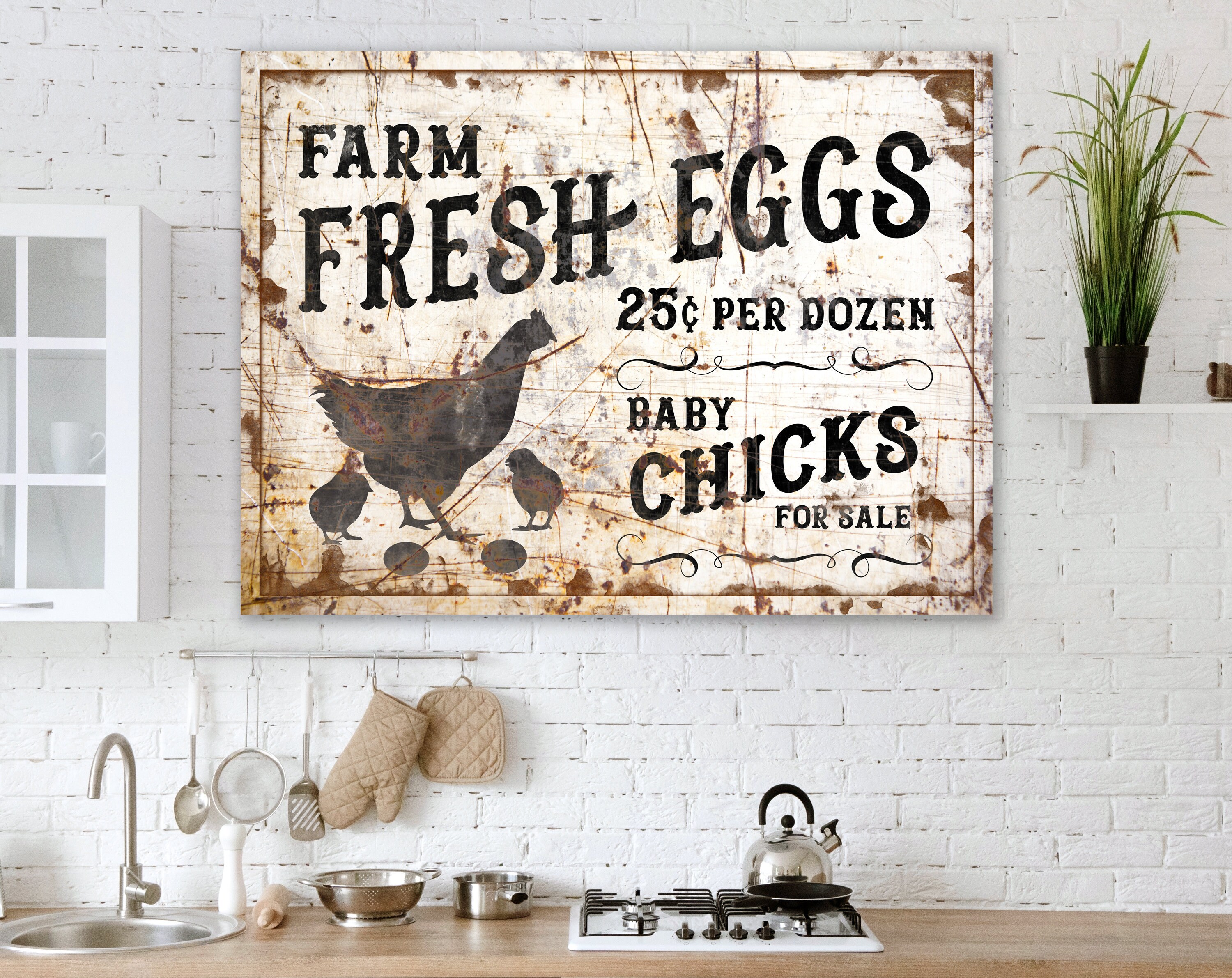 Vintage Farmhouse Wall Decor Farm Fresh Eggs Sign, Rustic Chic Home Decor, Country Kitchen Wall Art, Spring Chicken Decor, Farmhouse Sign