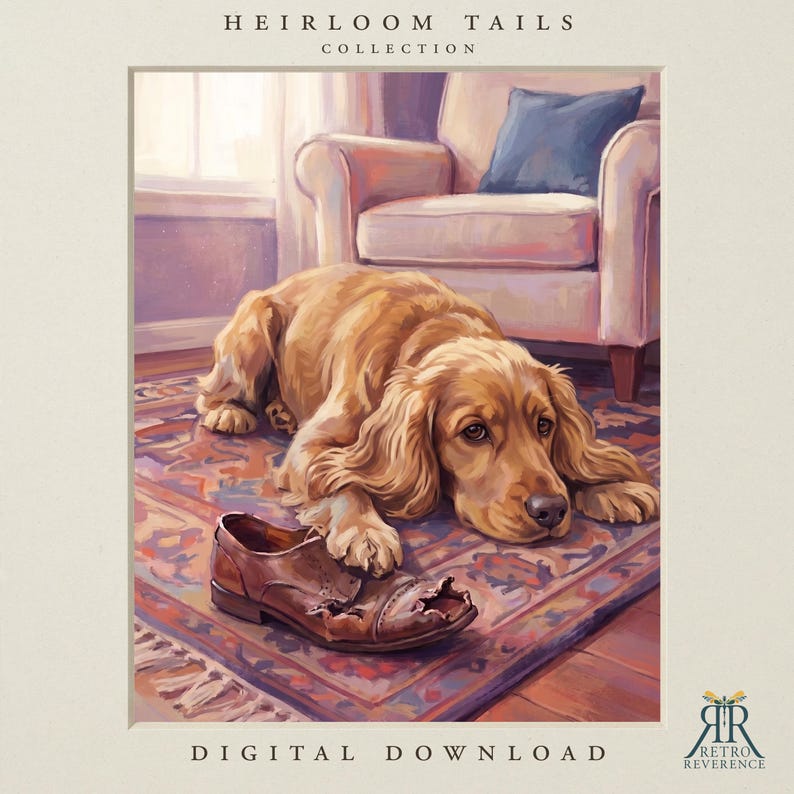 K&ouml;nnte beinhalten: Eine digitale Illustration mit dem Titel HEIRLOOM TAILS COLLECTION zeigt einen goldenen Spaniel, der auf einem gemusterten Teppich mit einem zerkauten braunen Lederschuh liegt. Die Szene enth&auml;lt einen Sessel und den Text DIGITAL DOWNLOAD.