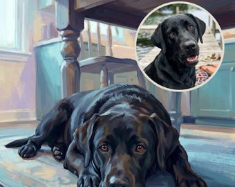 May include: A digital painting of a black Labrador Retriever lying on a rug beneath a wooden table. A circular inset in the upper right corner displays a photograph of the same black dog with its mouth slightly open, looking forward.