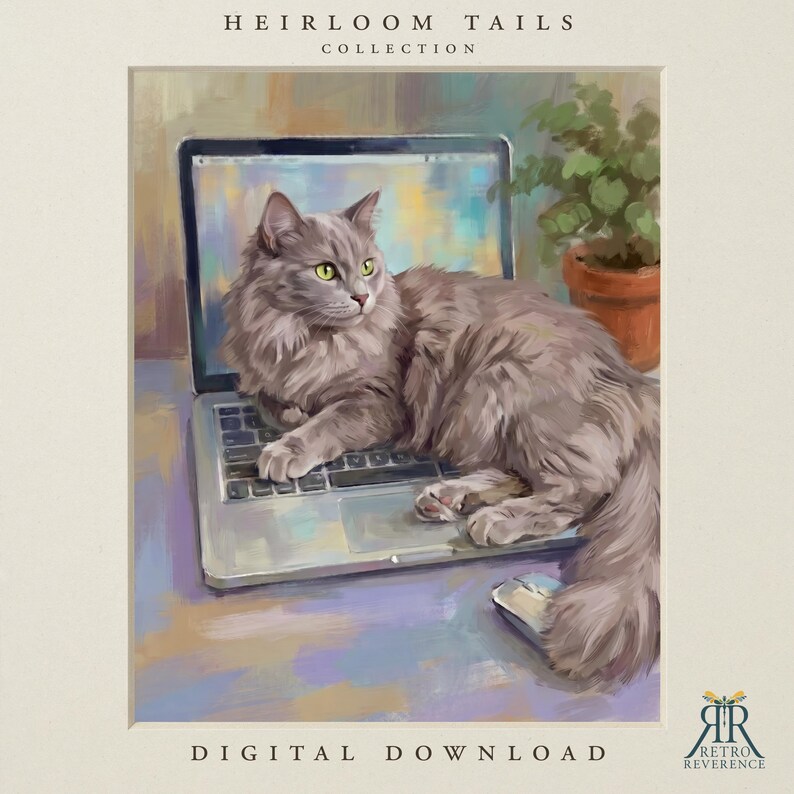 Puede incluir: Una pintura digital de un gato gris esponjoso descansando sobre el teclado de una computadora port&aacute;til abierta. El texto HEIRLOOM TAILS COLLECTION y DIGITAL DOWNLOAD aparece arriba y abajo. Una planta verde en maceta est&aacute; al fondo.