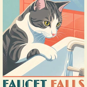 Personalized Cat Portrait from Photo, Cat Drinking from the Faucet, Travel Poster Artwork, Powder Room Wall Art, Art Print or Canvas image 2