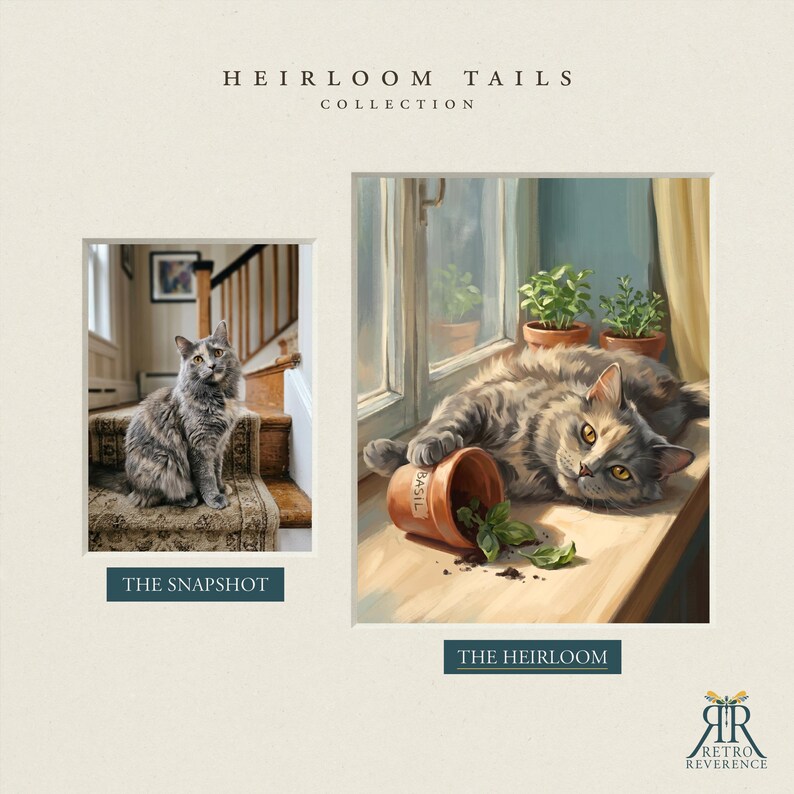 May include: A side-by-side display titled HEIRLOOM TAILS COLLECTION featuring a photograph labeled THE SNAPSHOT of a gray cat on stairs and an illustration labeled THE HEIRLOOM of a gray cat lying by a window with a tipped basil pot.
