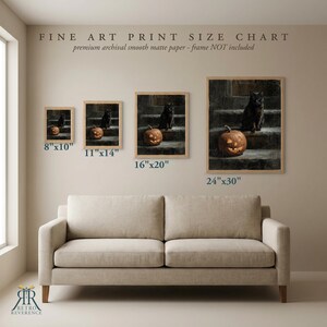 May include: A fine art print size chart displaying four framed images of a black cat sitting on stone steps next to a glowing jack-o'-lantern. The sizes listed are 8"x10", 11"x14", 16"x20", and 24"x30". The text reads Fine Art Print Size Chart.