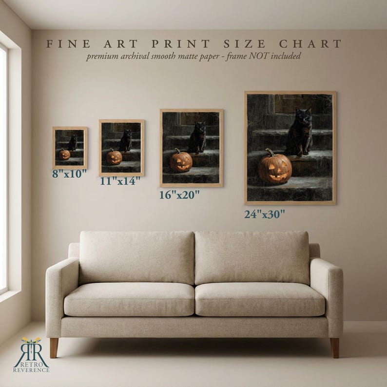 May include: A fine art print size chart displaying four framed images of a black cat sitting on stone steps next to a glowing jack-o'-lantern. The sizes listed are 8"x10", 11"x14", 16"x20", and 24"x30". The text reads Fine Art Print Size Chart.