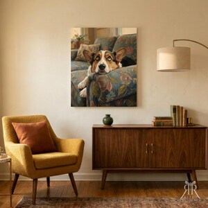 May include: A rectangular wall art print featuring a brown and white dog resting on a floral patterned sofa. The artwork is displayed on a plain wall above a wooden sideboard, a yellow armchair with a brown pillow, and a floor lamp.