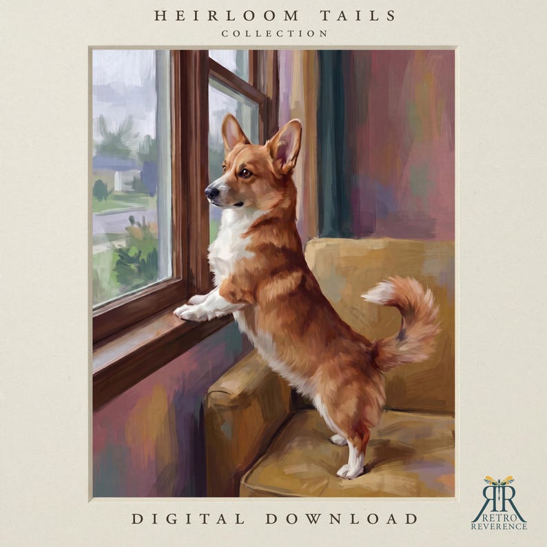 May include: A digital print titled HEIRLOOM TAILS COLLECTION featuring a painting of a brown and white Corgi standing on a tan armchair looking out a window. The bottom right corner displays the text RETRO REVERENCE and DIGITAL DOWNLOAD.