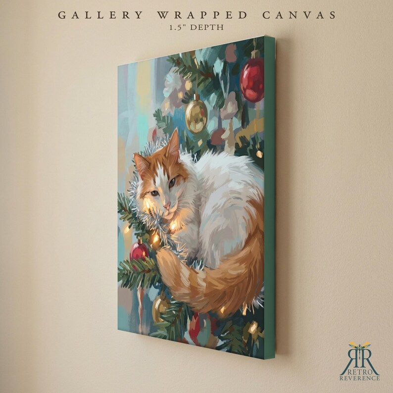 May include: A gallery wrapped canvas with a 1.5 inch depth featuring a painting of a white and orange cat nestled in a Christmas tree. The tree is decorated with red and gold ornaments, silver tinsel, and warm glowing lights. The art style is painterly.