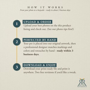 May include: An informational graphic titled HOW IT WORKS detailing a three-step process. Steps include UPLOAD & ORDER, PERFECTED BY HAND, and DOWNLOAD & ENJOY. The text explains the custom artwork creation process, including photo submission and revisions.