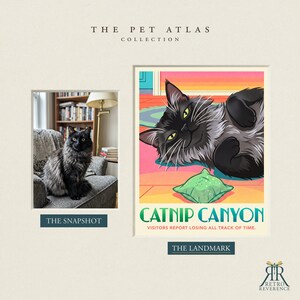 K&ouml;nnte beinhalten: Ein Druck mit dem Titel The Pet Atlas Collection, der ein Foto einer schwarzen Katze auf einem Sessel namens The Snapshot und eine Illustration derselben Katze mit einem gr&uuml;nen Spielzeug namens The Landmark, Catnip Canyon, Visitors report losing all track of time zeigt.