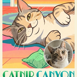 Catnip Travel Poster from Your Photo, Custom Groovy Cat Art Print or Canvas, Trippy Cat Wall Art, Psychedelic Rainbow Art, 70s Wall Art