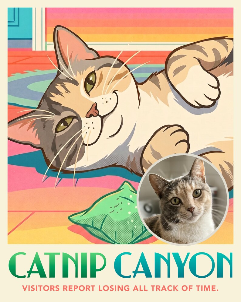 Catnip Travel Poster from Your Photo, Custom Groovy Cat Art Print or Canvas, Trippy Cat Wall Art, Psychedelic Rainbow Art, 70s Wall Art