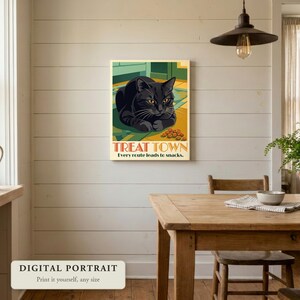 Custom cat portrait in a retro travel poster style, a cat with a pile of treats, hung on a wall in a dining nook, shown as a digital file you print yourself