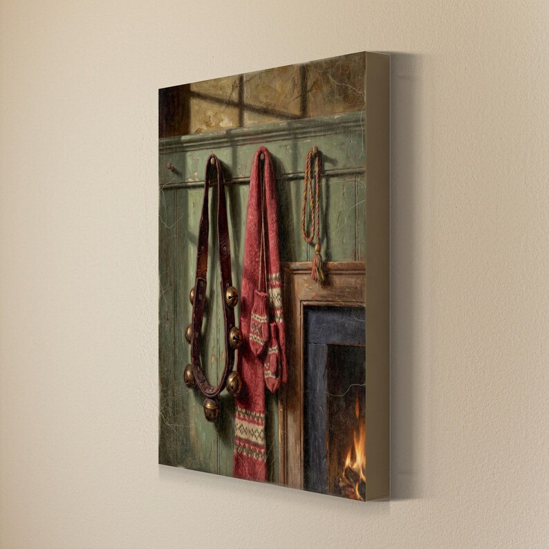 May include: A canvas print depicting a green wooden wall with a leather strap featuring brass bells, a red patterned scarf with matching mittens, and a braided rope hanging near a fireplace with a visible fire glowing in the hearth.
