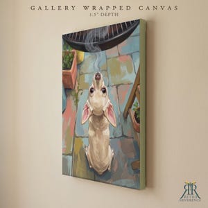 May include: A gallery wrapped canvas with a 1.5 inch depth featuring a painting of a light tan chihuahua looking upward at a black grill with rising smoke. The dog is positioned on a multi-colored stone patio with terracotta planters nearby.