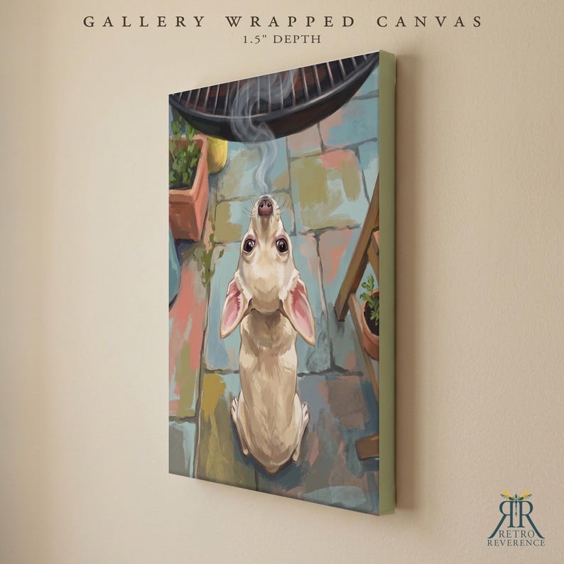 May include: A gallery wrapped canvas with a 1.5 inch depth featuring a painting of a light tan chihuahua looking upward at a black grill with rising smoke. The dog is positioned on a multi-colored stone patio with terracotta planters nearby.