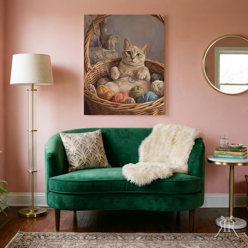 May include: A wall art print depicting a light-colored cat sitting inside a woven wicker basket filled with colorful balls of yarn. The cat is positioned centrally, surrounded by various shades of yarn, with a soft, painterly aesthetic.