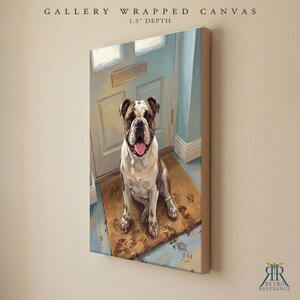 May include: A gallery wrapped canvas with a 1.5 inch depth featuring a painting of a brown and white bulldog sitting on a brown mat in front of a light blue door. The dog has its mouth open with its tongue visible. The mat shows muddy paw prints.