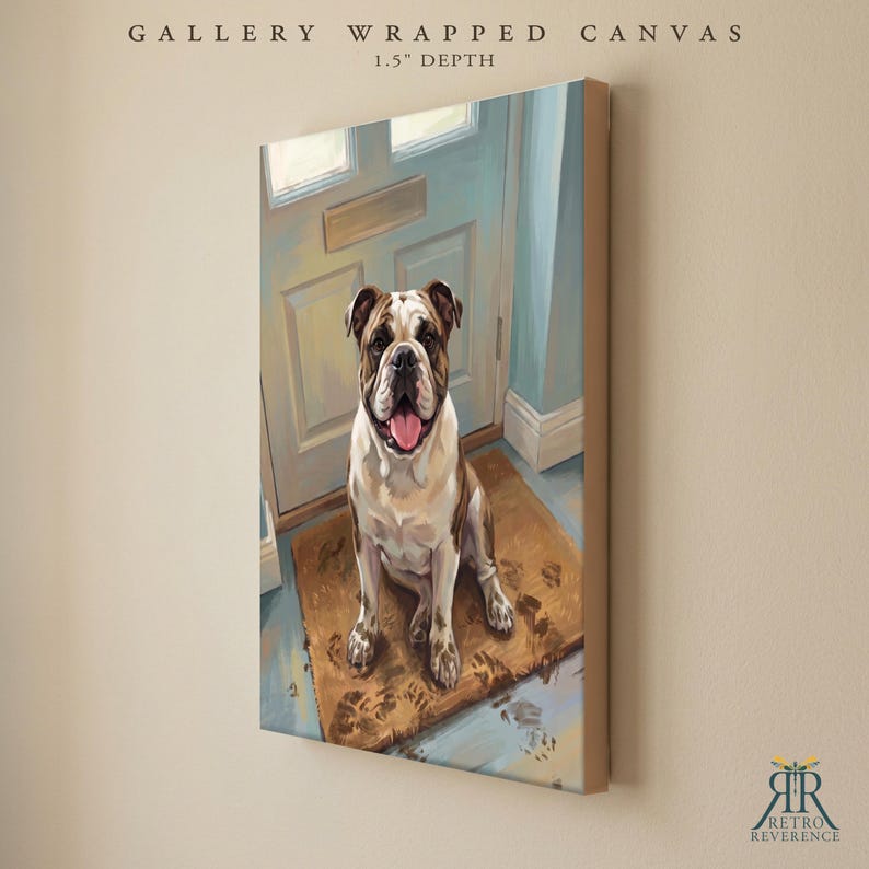 May include: A gallery wrapped canvas with a 1.5 inch depth featuring a painting of a brown and white bulldog sitting on a brown mat in front of a light blue door. The dog has its mouth open with its tongue visible. The mat shows muddy paw prints.