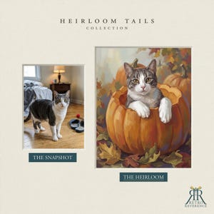 May include: A Heirloom Tails Collection display featuring a photograph labeled The Snapshot showing a gray and white cat on a wooden floor, and a painting labeled The Heirloom depicting the same cat sitting inside a large orange pumpkin.