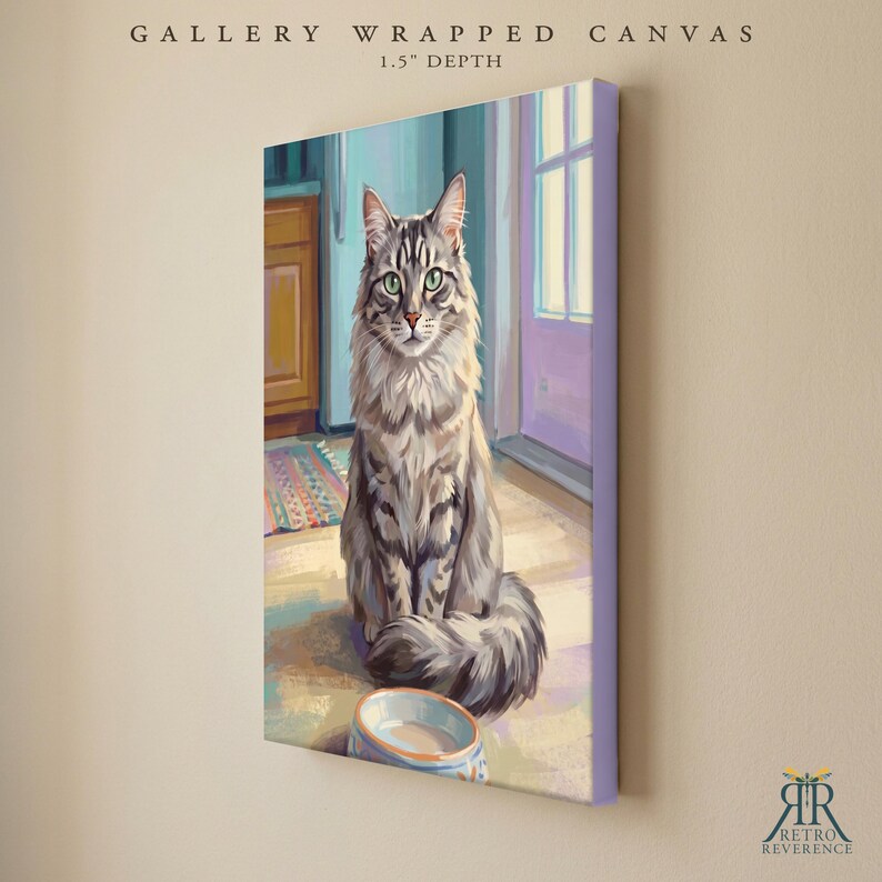 May include: A gallery wrapped canvas with a 1.5 inch depth featuring a digital painting of a long-haired grey tabby cat sitting on a floor in front of a bowl. The scene includes a kitchen background with a door and a colorful rug.