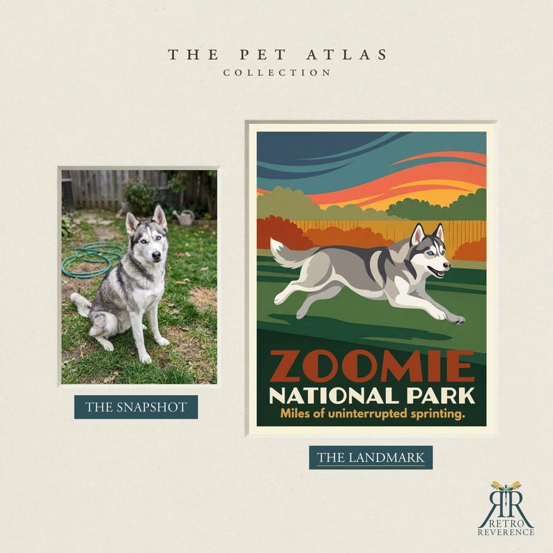 Peut inclure: Une impression intitul&eacute;e The Pet Atlas Collection pr&eacute;sentant une photographie d'un husky gris et blanc &eacute;tiquet&eacute;e The Snapshot et une illustration stylis&eacute;e d'un husky courant &eacute;tiquet&eacute;e The Landmark, Zoomie National Park, Miles of uninterrupted sprinting.