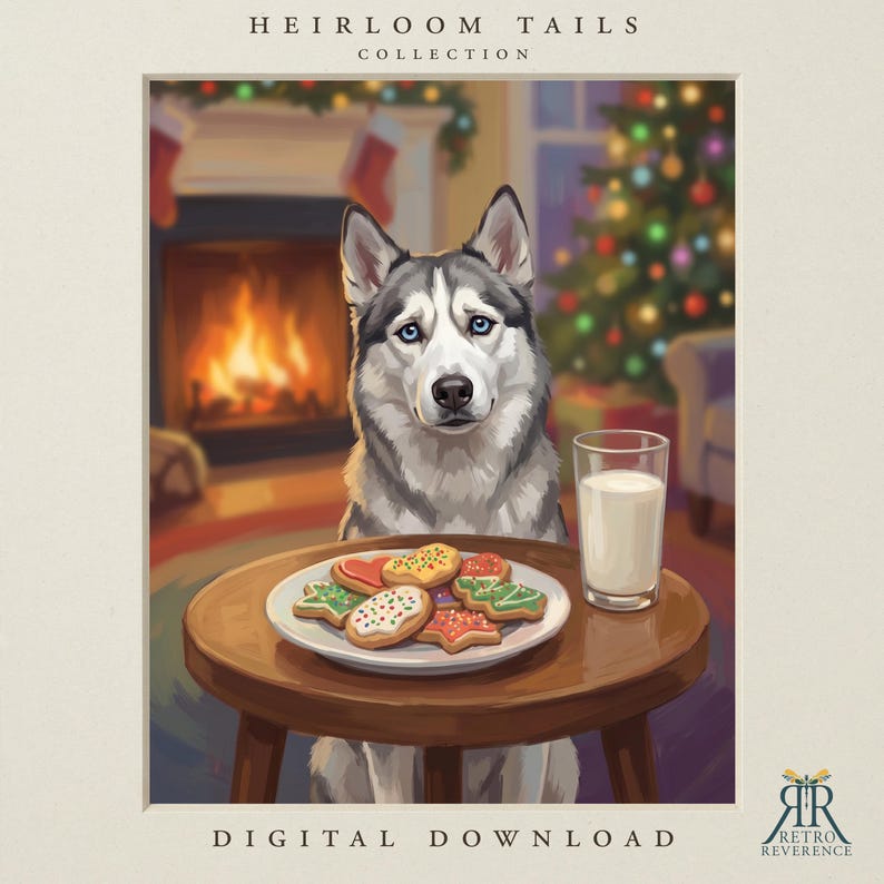 K&ouml;nnte beinhalten: Eine digitale Illustration mit dem Titel HEIRLOOM TAILS COLLECTION zeigt einen grau-wei&szlig;en Husky an einem runden Holztisch mit einem Teller bunter Weihnachtspl&auml;tzchen und einem Glas Milch, vor einem Kamin und einem Weihnachtsbaum.