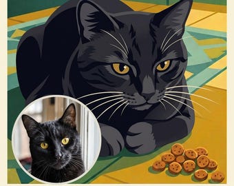 Custom Cat Portrait from Photo, Cat Waiting for Treats, Retro Travel Poster Illustration, Art Deco Kitchen Wall Art, Art Print or Canvas