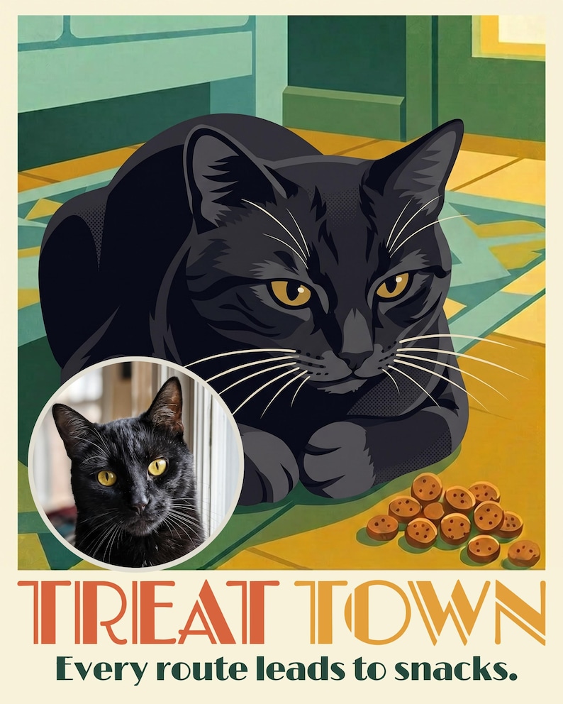 Treat Time Travel Poster from Your Photo, Personalized Cat Art Print or Canvas, Retro Kitchen Wall Decor, Vintage Diner Wall Art