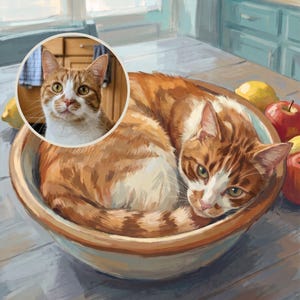 Zen Custom Cat Portrait from Your Photo, Cottage Kitchen Canvas Print, Cat Canvas Wall Art, Cat in Bowl Art, Vintage Kitchen Cat Decor