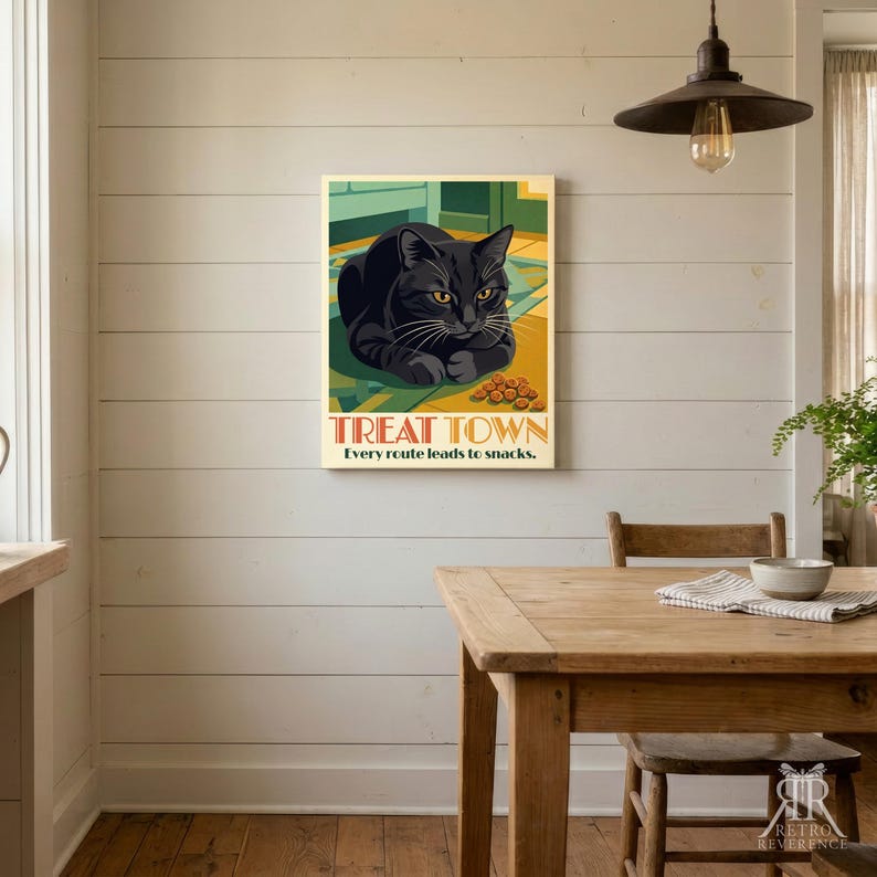 May include: A rectangular wall art print featuring a black cat lying on a green and yellow floor. The text reads TREAT TOWN Every route leads to snacks. The cat is positioned near a small pile of brown treats on the floor surface.