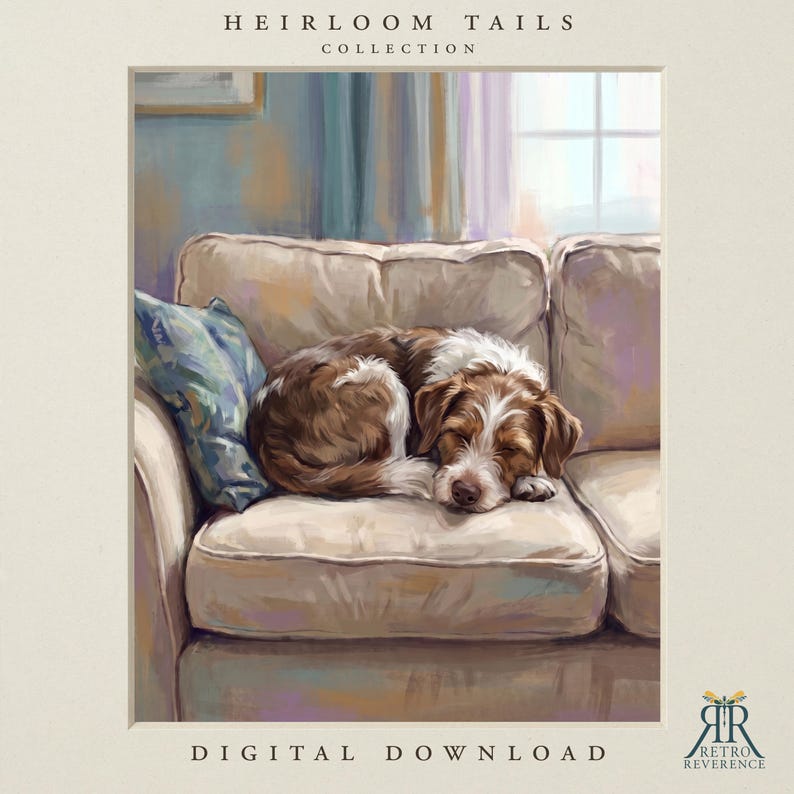 May include: A digital art print titled HEIRLOOM TAILS COLLECTION featuring a brown and white dog curled up asleep on a beige sofa with a blue patterned pillow. The text DIGITAL DOWNLOAD appears at the bottom and a logo for RETRO REVERENCE.