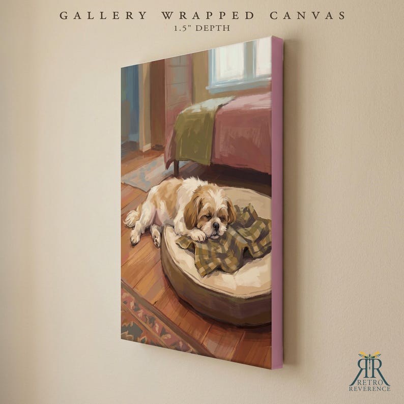 May include: A gallery wrapped canvas with a 1.5 inch depth featuring a painting of a brown and white dog resting on a round beige bed with a plaid blanket. The scene depicts a bedroom interior with a bed and wooden floor. Text reads GALLERY WRAPPED CANVAS.
