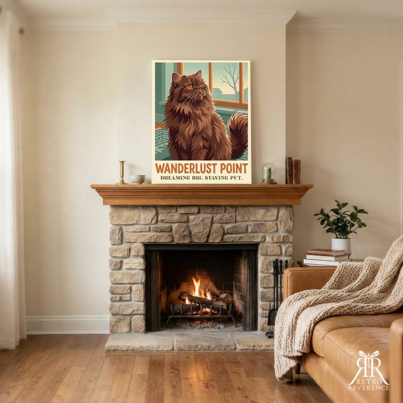 May include: A rectangular wall art print featuring a fluffy brown cat sitting in front of a window. The text WANDERLUST POINT and DREAMING BIG, STAYING PUT is printed in brown at the bottom. The artwork has a vintage style with a light background.